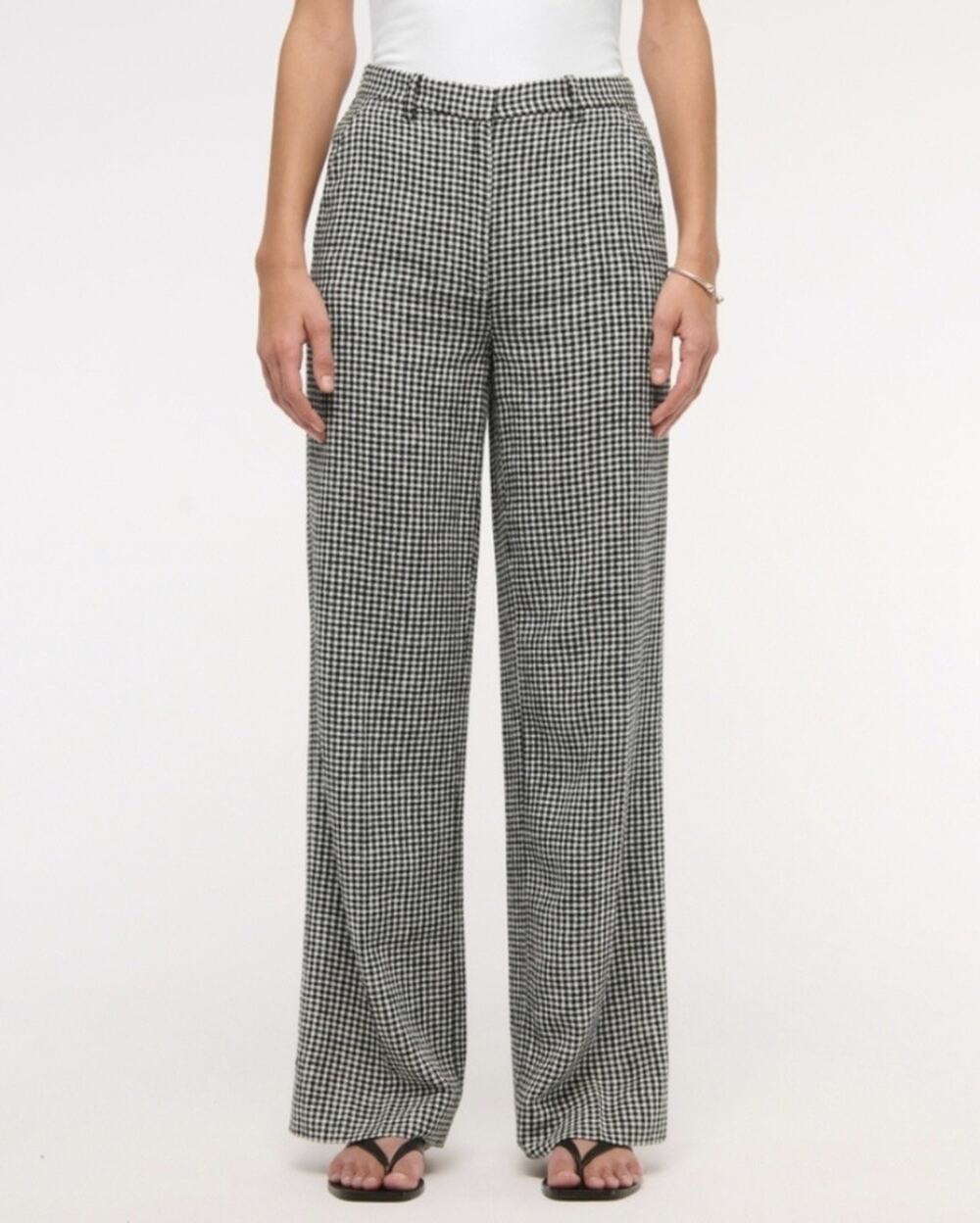Abercrombie & Fitch Black & White Sloane Linen Gingham Wide Leg Pants Sz 34 Long